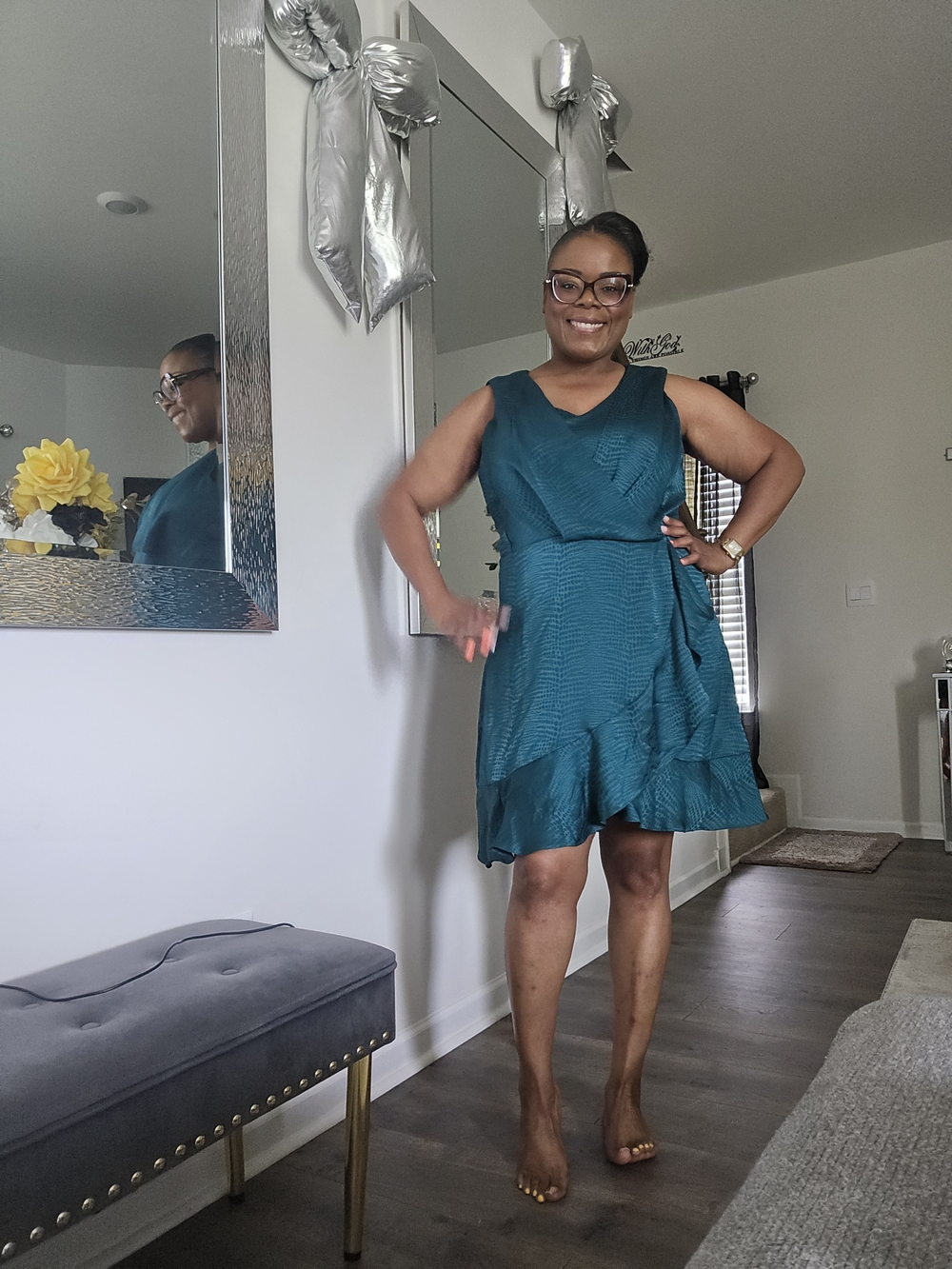 Women’s Teal V-Neck Ruffle Dress